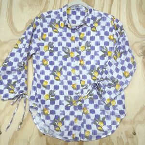La Porte Womens Small Purple Checkered Lemon Print Linen Blend Tie Cuff Shirt